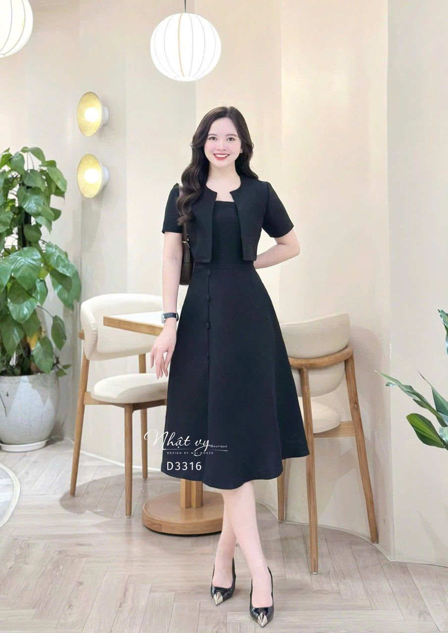 Set đầm 2 dây đính nút bọc kèm áo khoác - D3316