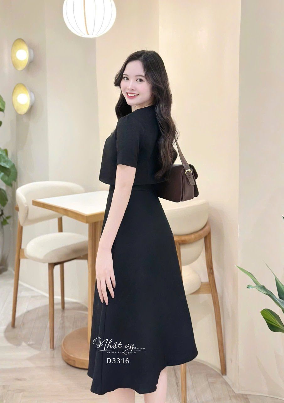 Set đầm 2 dây đính nút bọc kèm áo khoác - D3316