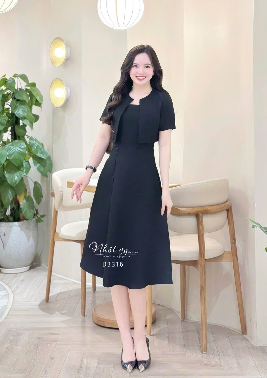 Set đầm 2 dây đính nút bọc kèm áo khoác - D3316