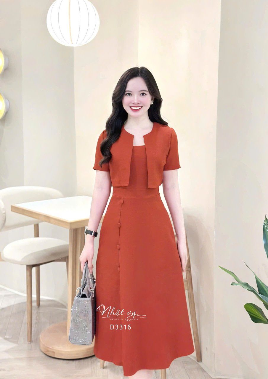 Set đầm 2 dây đính nút bọc kèm áo khoác - D3316