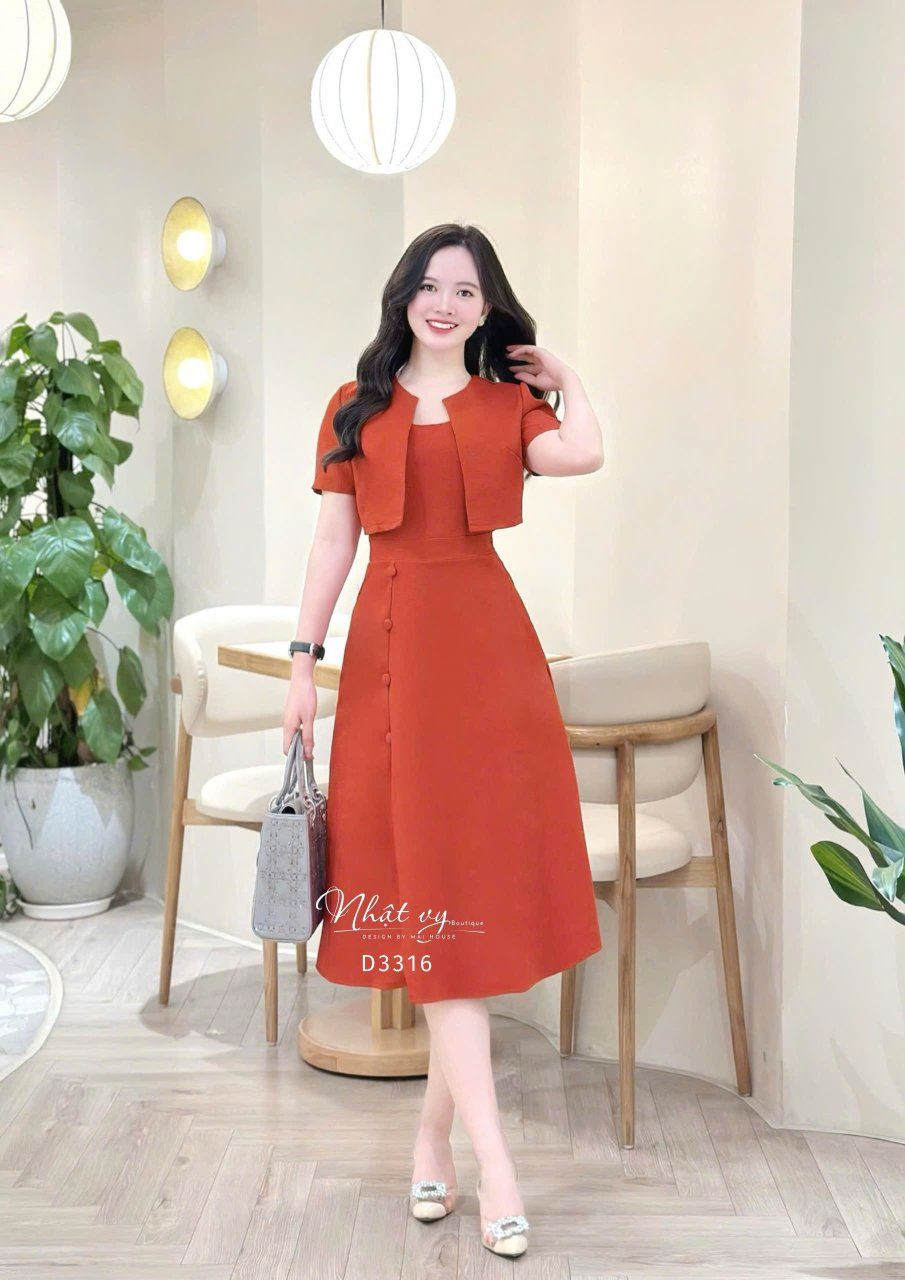 Set đầm 2 dây đính nút bọc kèm áo khoác - D3316