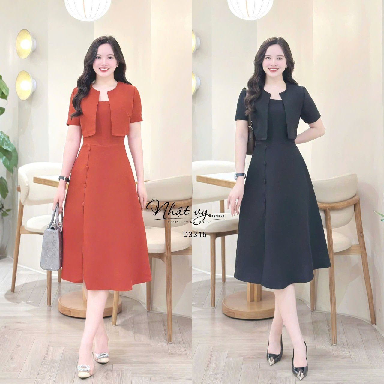 Set đầm 2 dây đính nút bọc kèm áo khoác - D3316