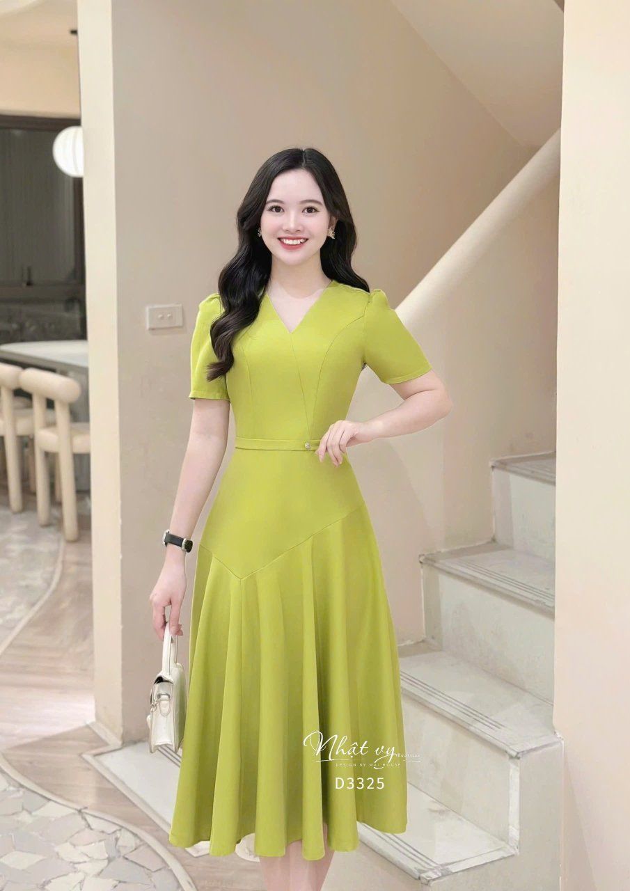 Đầm cổ V dáng xòe đính cúc kiểu - D3325