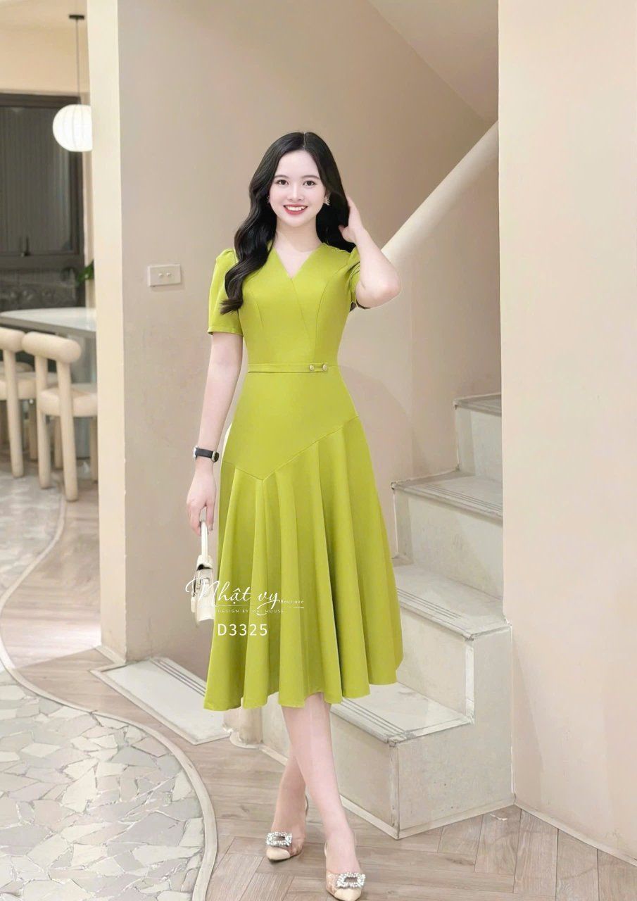 Đầm cổ V dáng xòe đính cúc kiểu - D3325