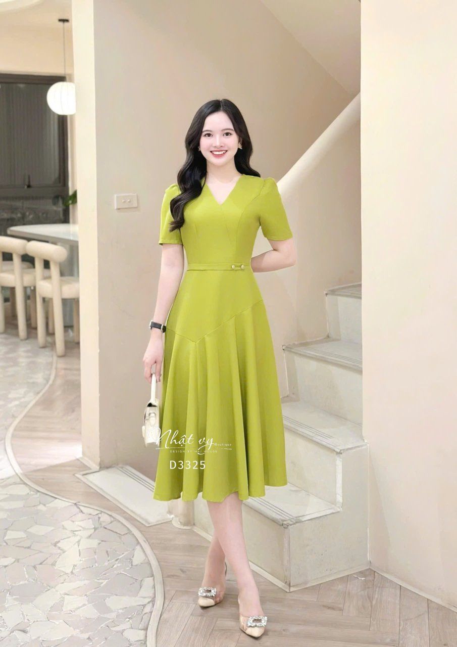 Đầm cổ V dáng xòe đính cúc kiểu - D3325