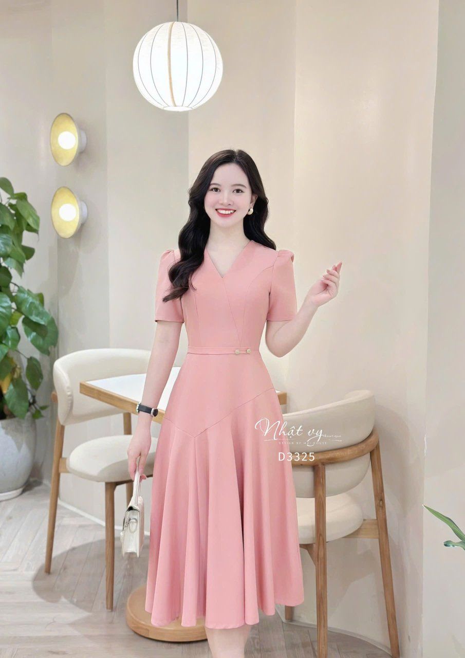 Đầm cổ V dáng xòe đính cúc kiểu - D3325