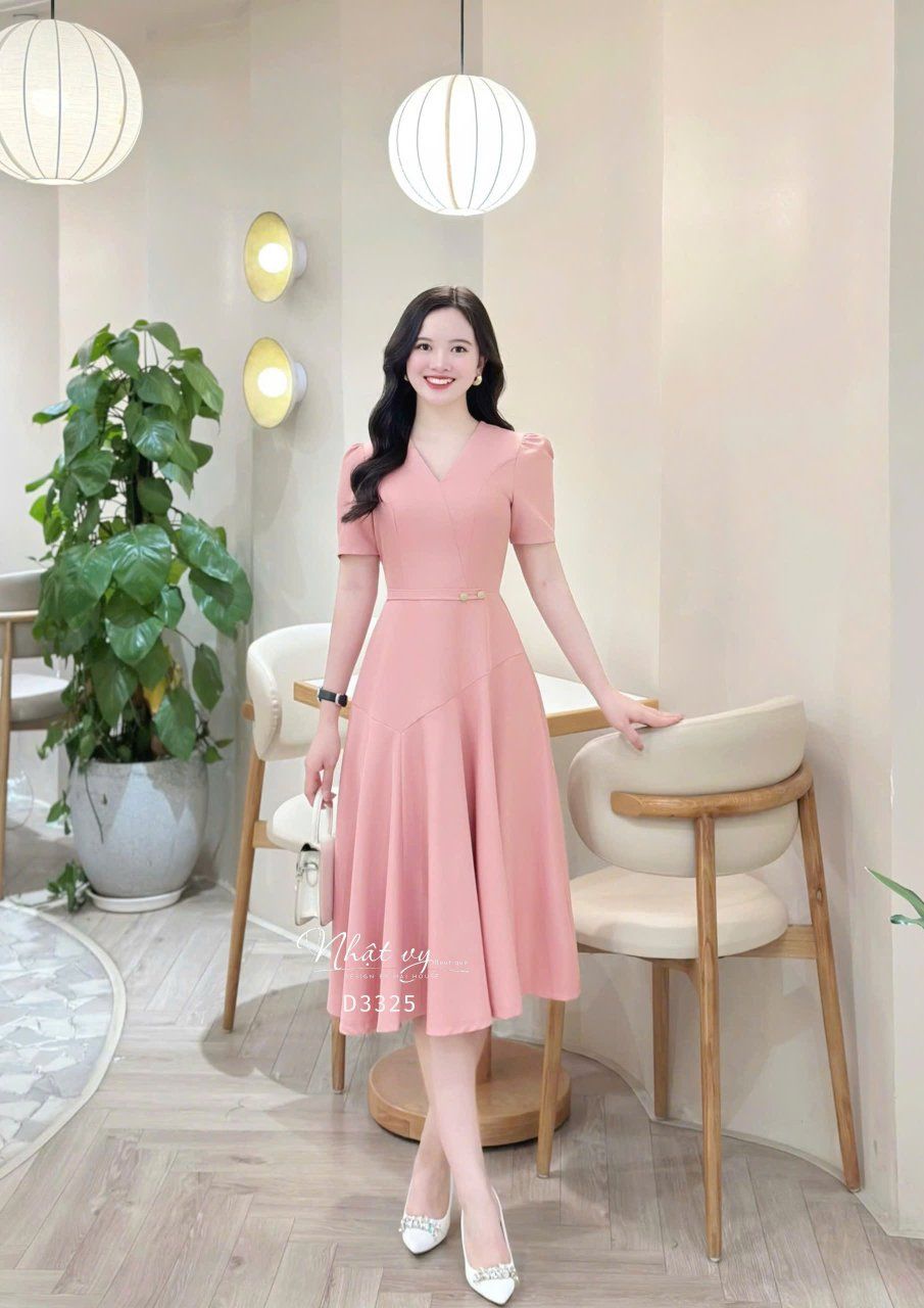 Đầm cổ V dáng xòe đính cúc kiểu - D3325