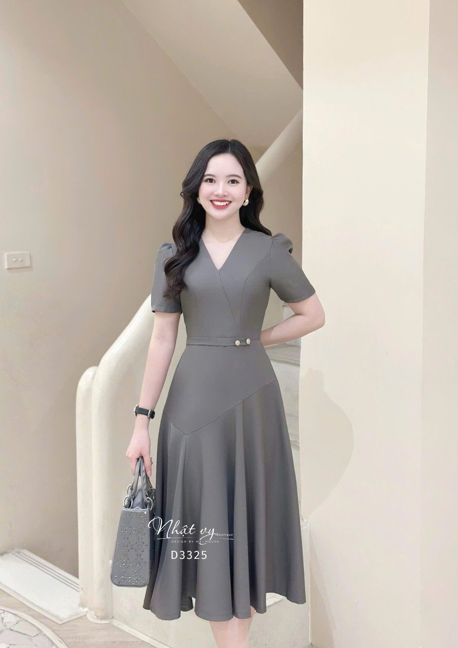 Đầm cổ V dáng xòe đính cúc kiểu - D3325