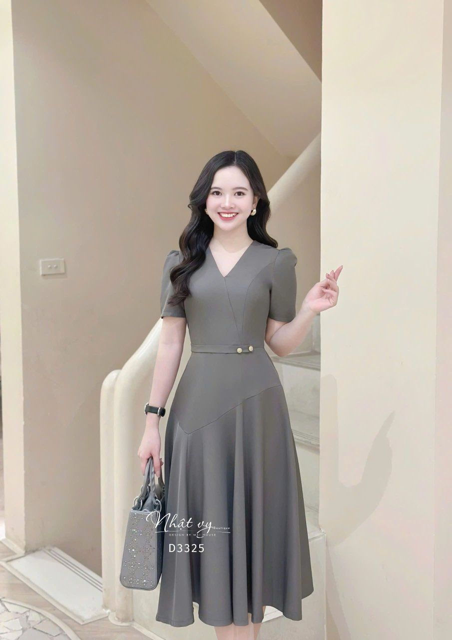 Đầm cổ V dáng xòe đính cúc kiểu - D3325