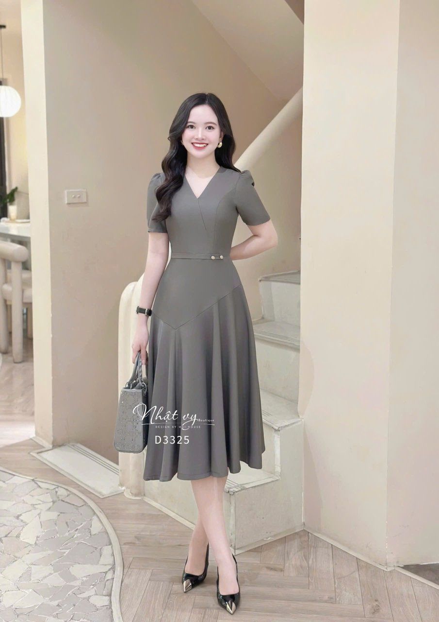 Đầm cổ V dáng xòe đính cúc kiểu - D3325