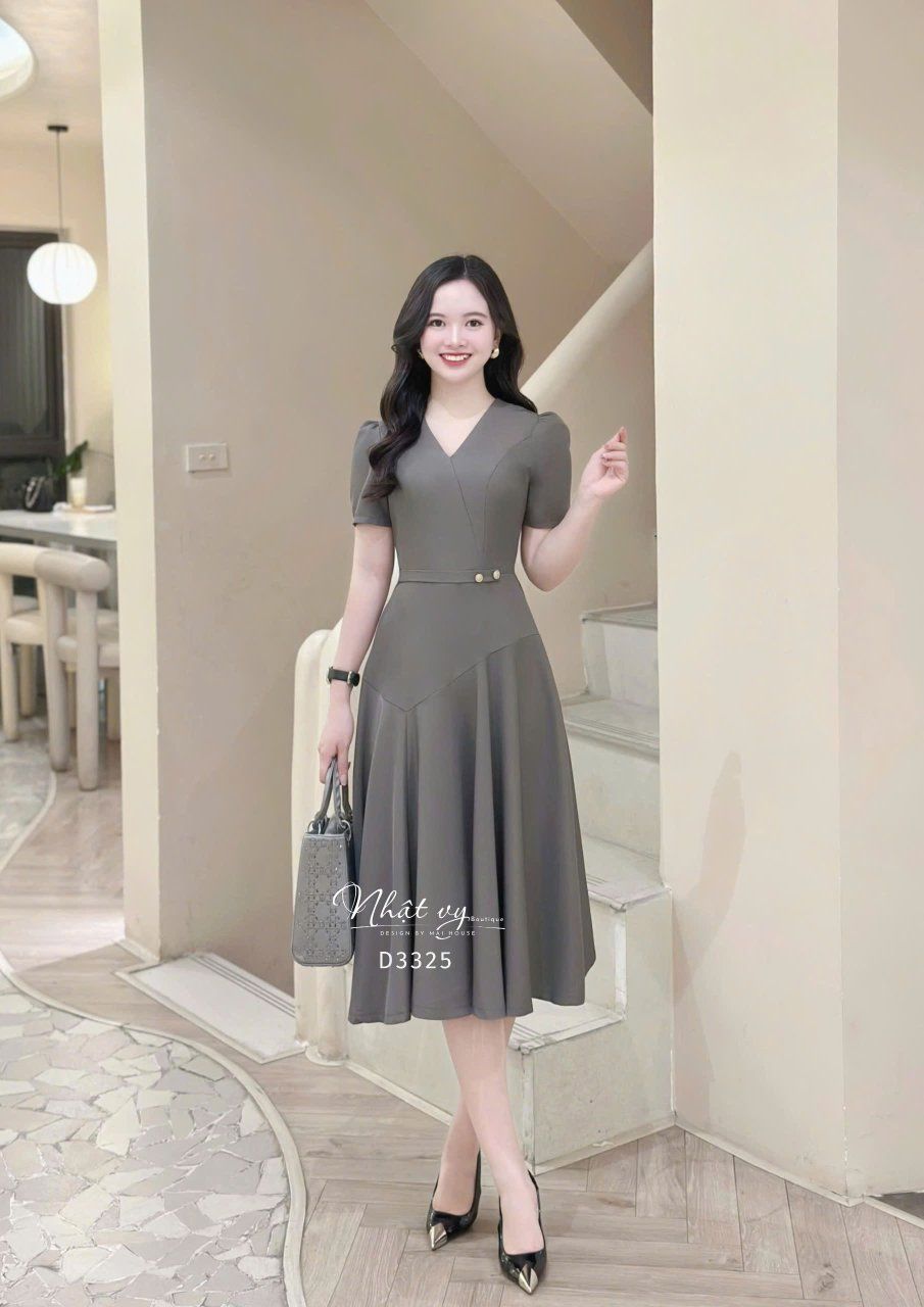 Đầm cổ V dáng xòe đính cúc kiểu - D3325