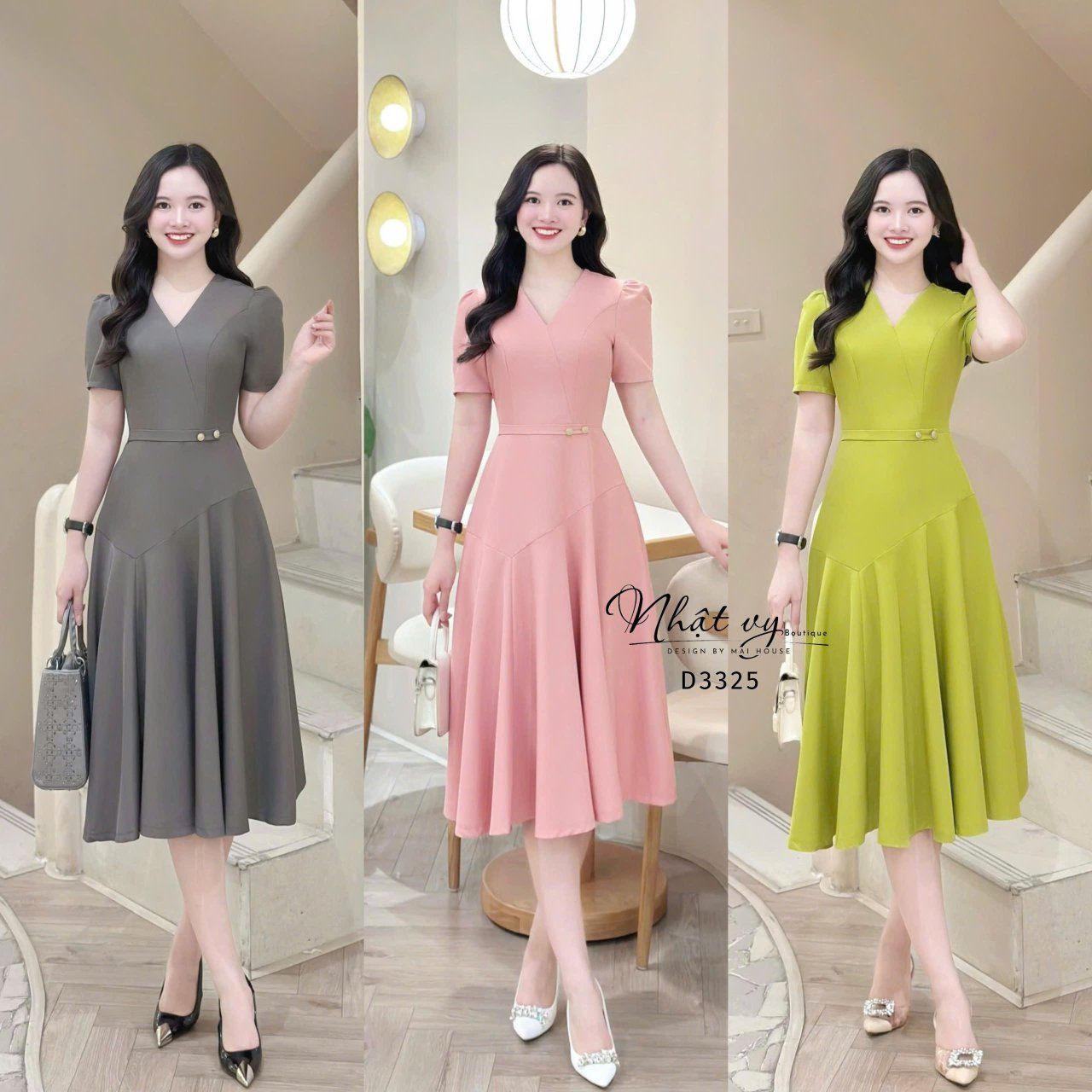 Đầm cổ V dáng xòe đính cúc kiểu - D3325