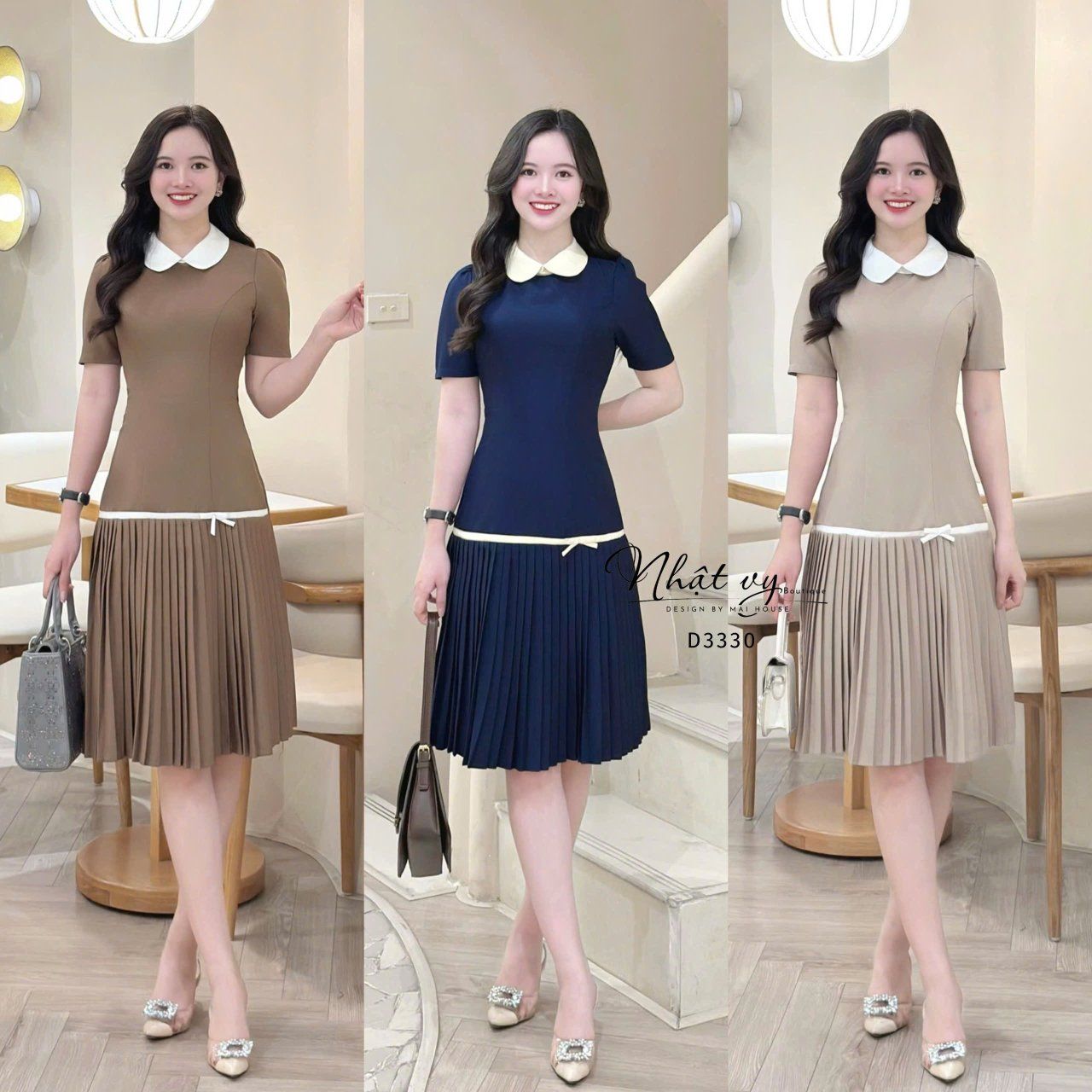 Đầm cổ tròn tà xếp ly phối viền nơ - D3330