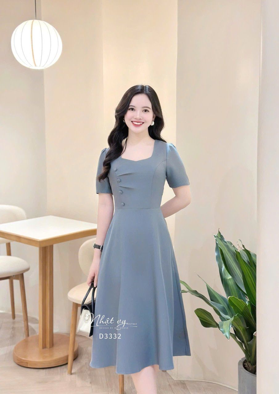 Đầm nhún ngực cách điệu đính nút bọc form dáng xoè - D3332