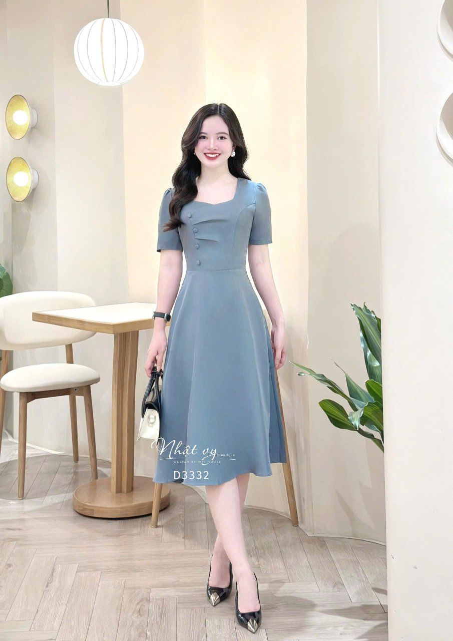 Đầm nhún ngực cách điệu đính nút bọc form dáng xoè - D3332