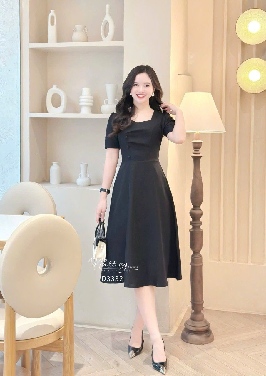 Đầm nhún ngực cách điệu đính nút bọc form dáng xoè - D3332