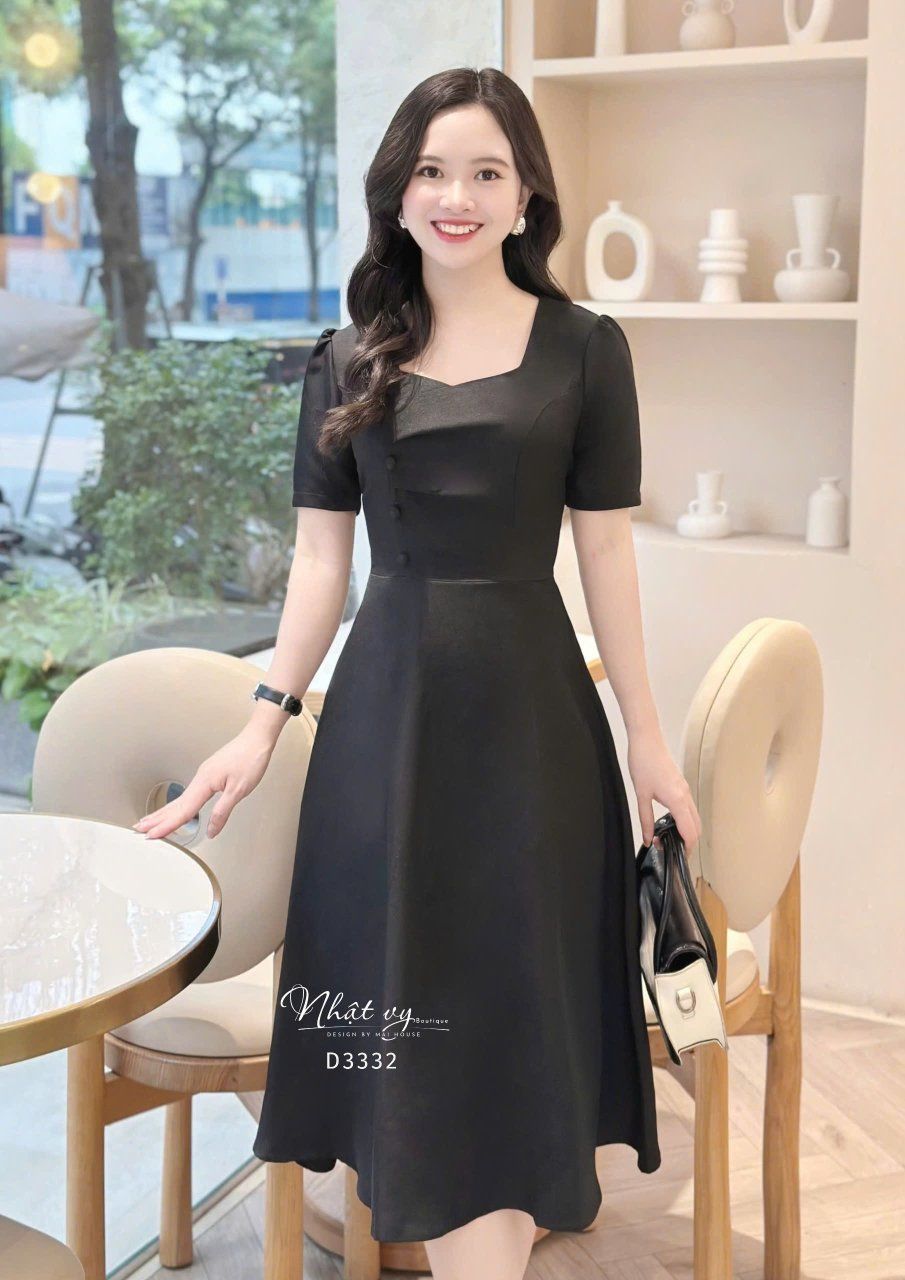 Đầm nhún ngực cách điệu đính nút bọc form dáng xoè - D3332