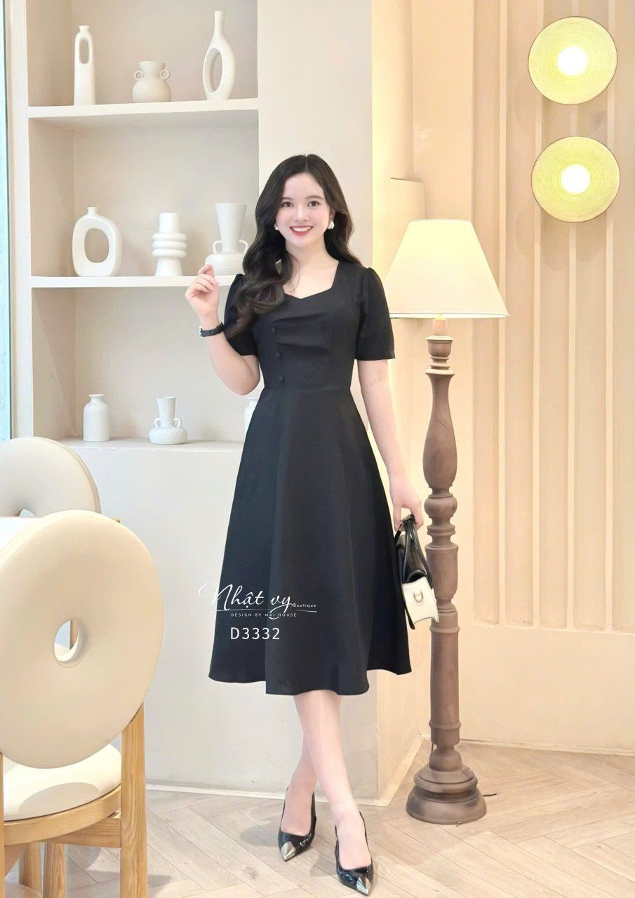 Đầm nhún ngực cách điệu đính nút bọc form dáng xoè - D3332