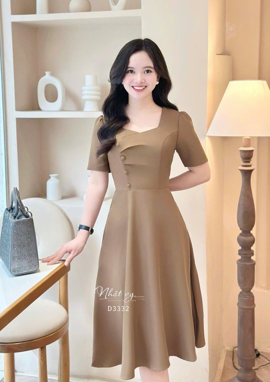 Đầm nhún ngực cách điệu đính nút bọc form dáng xoè - D3332