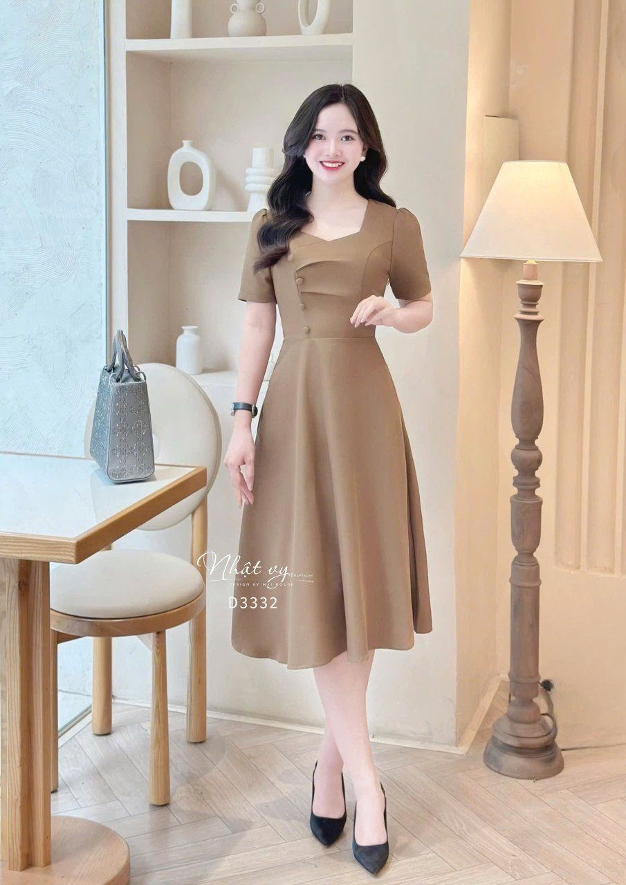 Đầm nhún ngực cách điệu đính nút bọc form dáng xoè - D3332