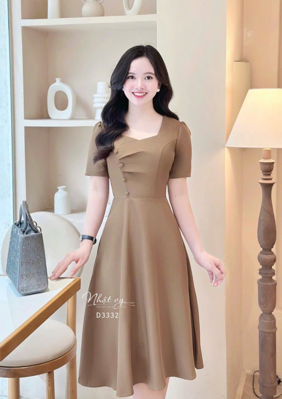 Đầm nhún ngực cách điệu đính nút bọc form dáng xoè - D3332