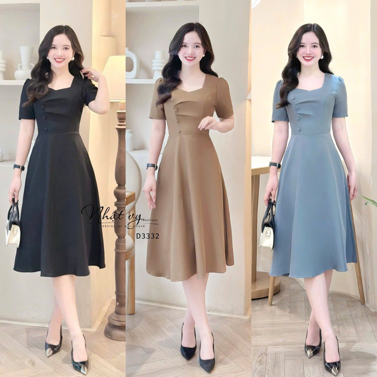Đầm nhún ngực cách điệu đính nút bọc form dáng xoè - D3332