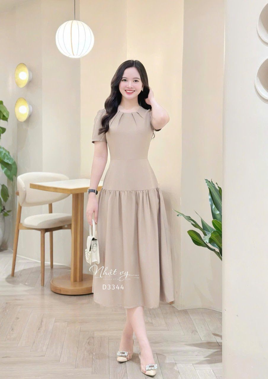 Đầm xẻ vai cổ nhún form dáng xòe - D3344