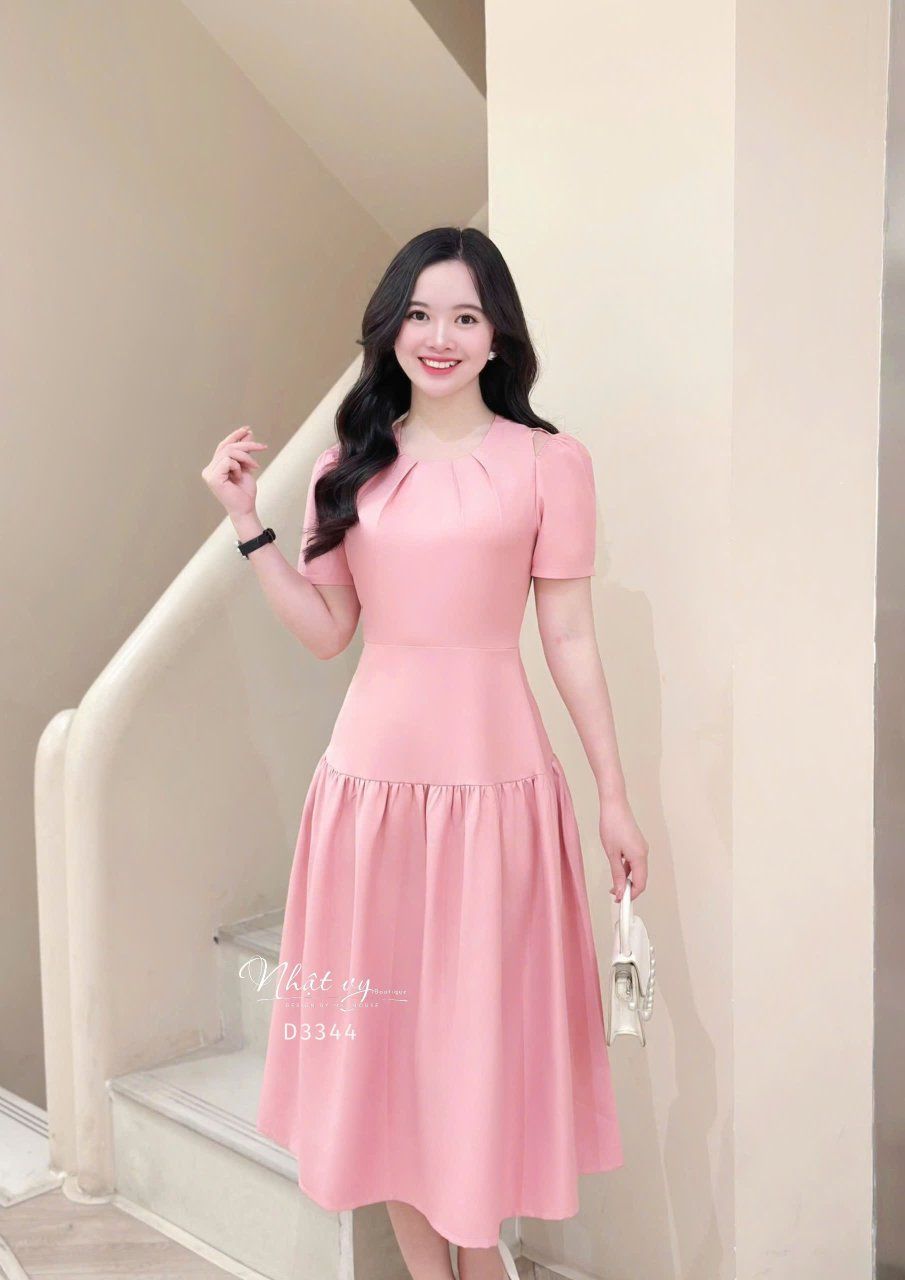 Đầm xẻ vai cổ nhún form dáng xòe - D3344