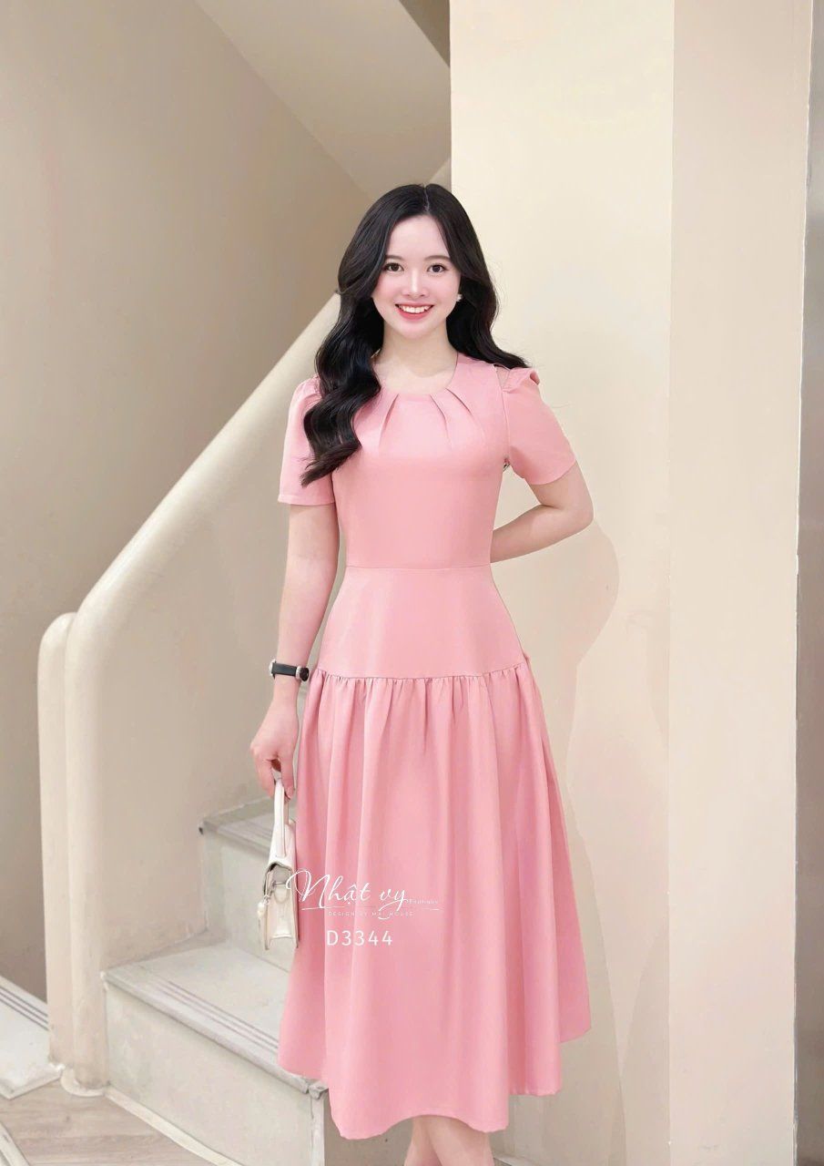 Đầm xẻ vai cổ nhún form dáng xòe - D3344