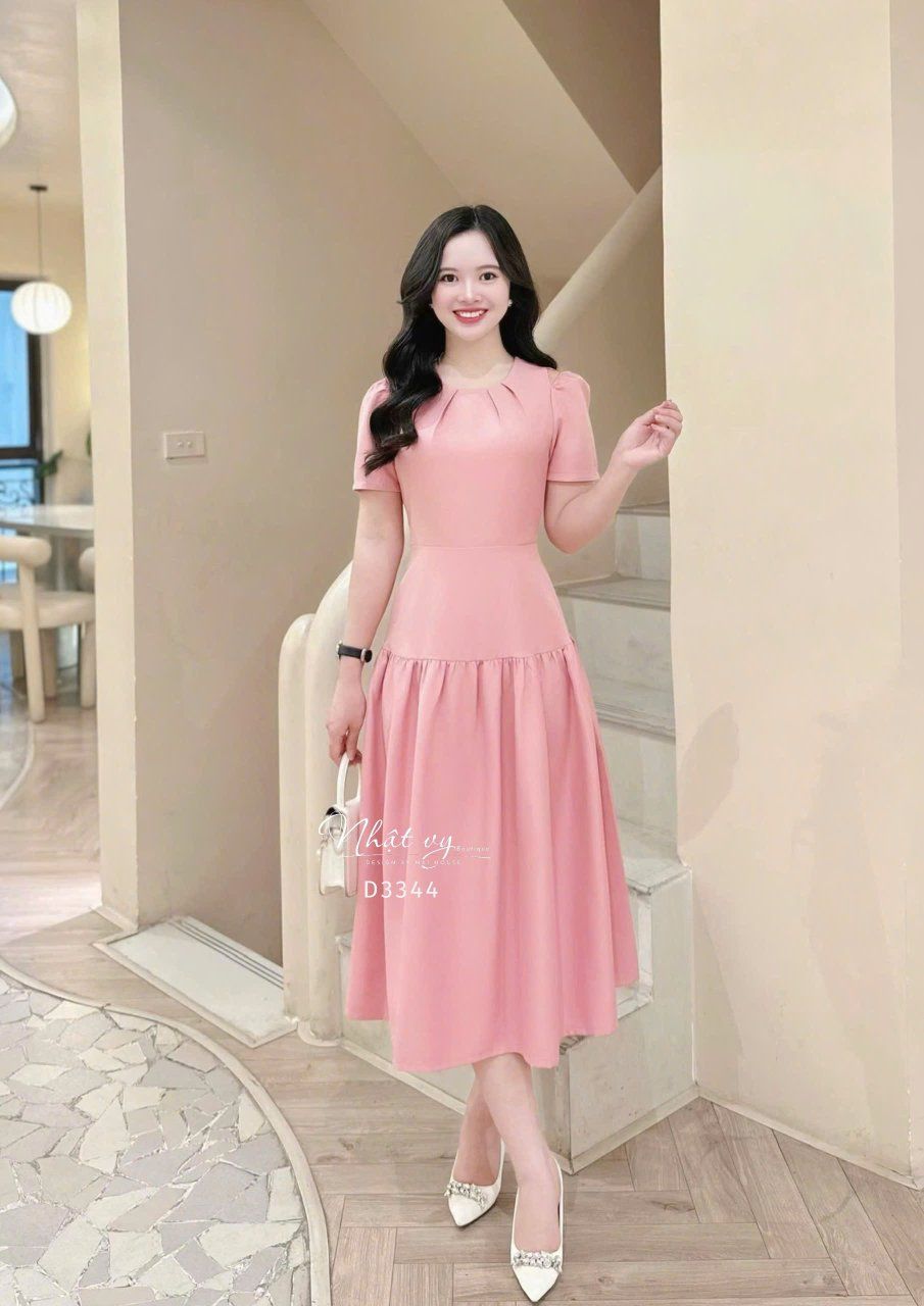 Đầm xẻ vai cổ nhún form dáng xòe - D3344