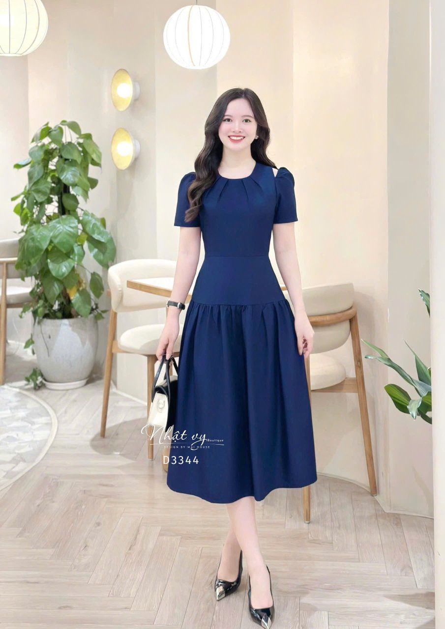 Đầm xẻ vai cổ nhún form dáng xòe - D3344