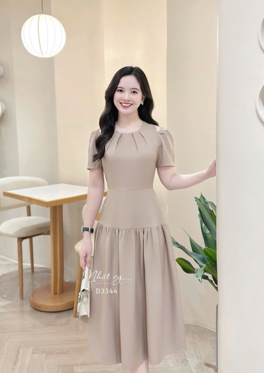 Đầm xẻ vai cổ nhún form dáng xòe - D3344