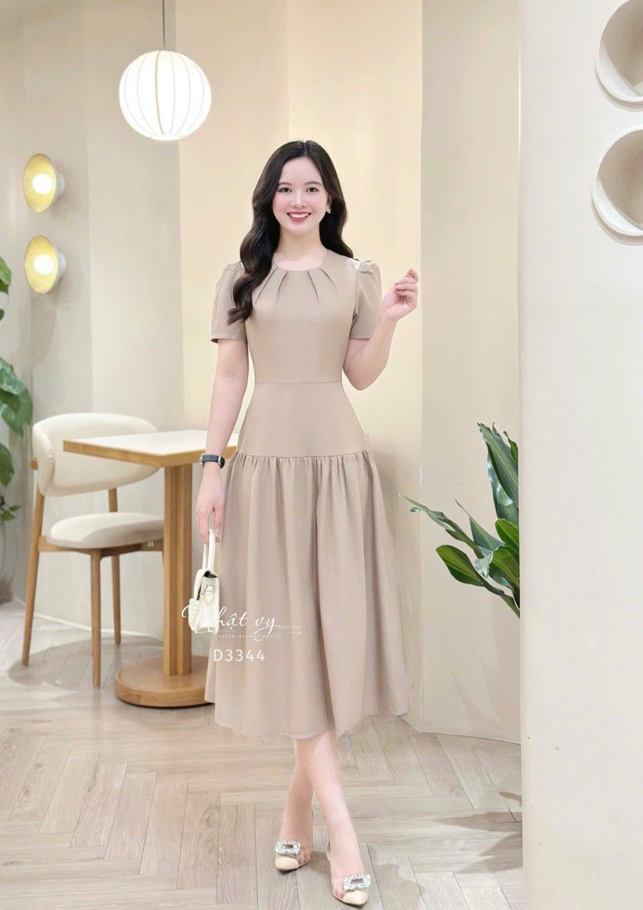 Đầm xẻ vai cổ nhún form dáng xòe - D3344