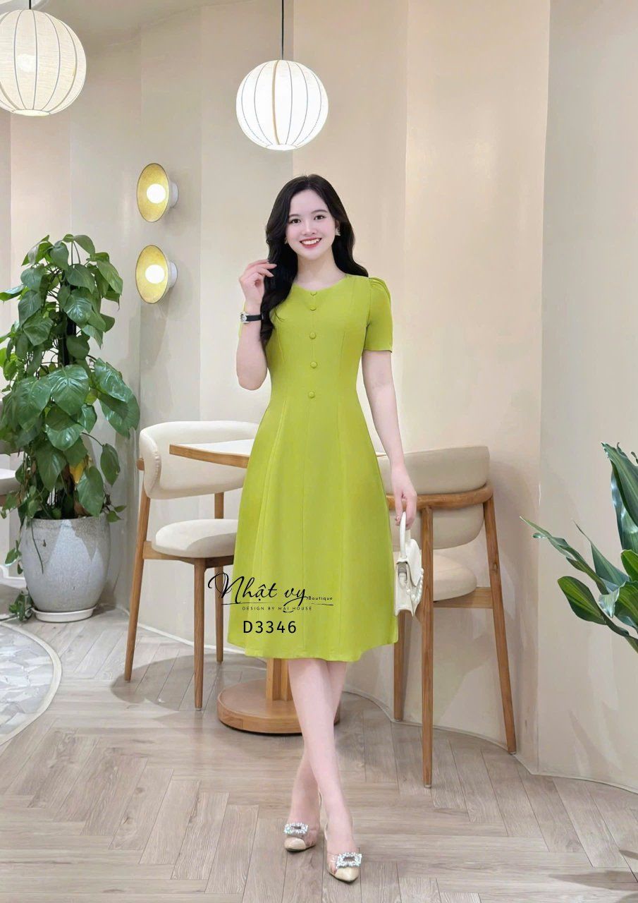 Đầm cổ tròn dáng ôm đơn giản đính cúc bọc - D3346