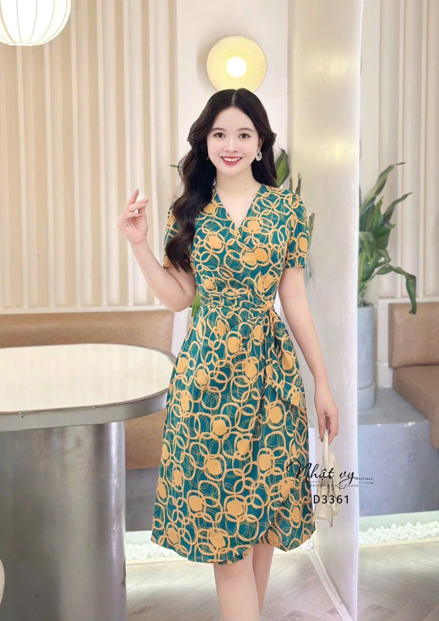 Đầm cổ V họa tiết nhấn eo cách điệu - D3361