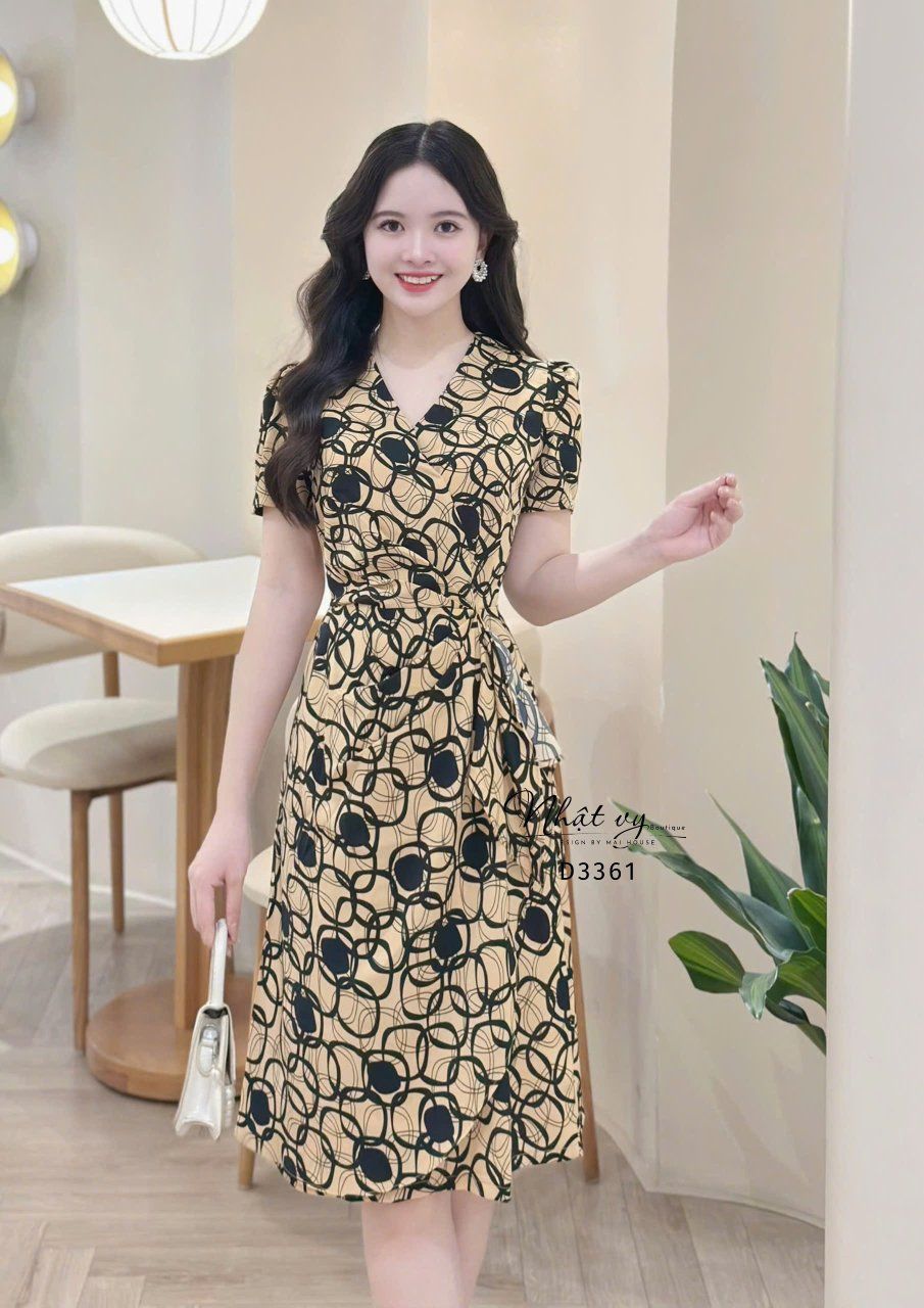 Đầm cổ V họa tiết nhấn eo cách điệu - D3361