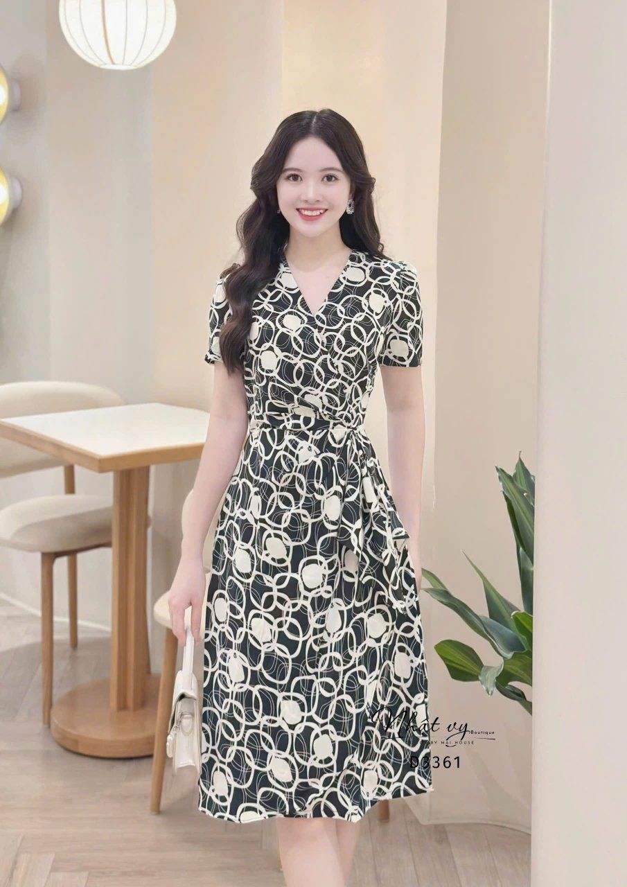 Đầm cổ V họa tiết nhấn eo cách điệu - D3361