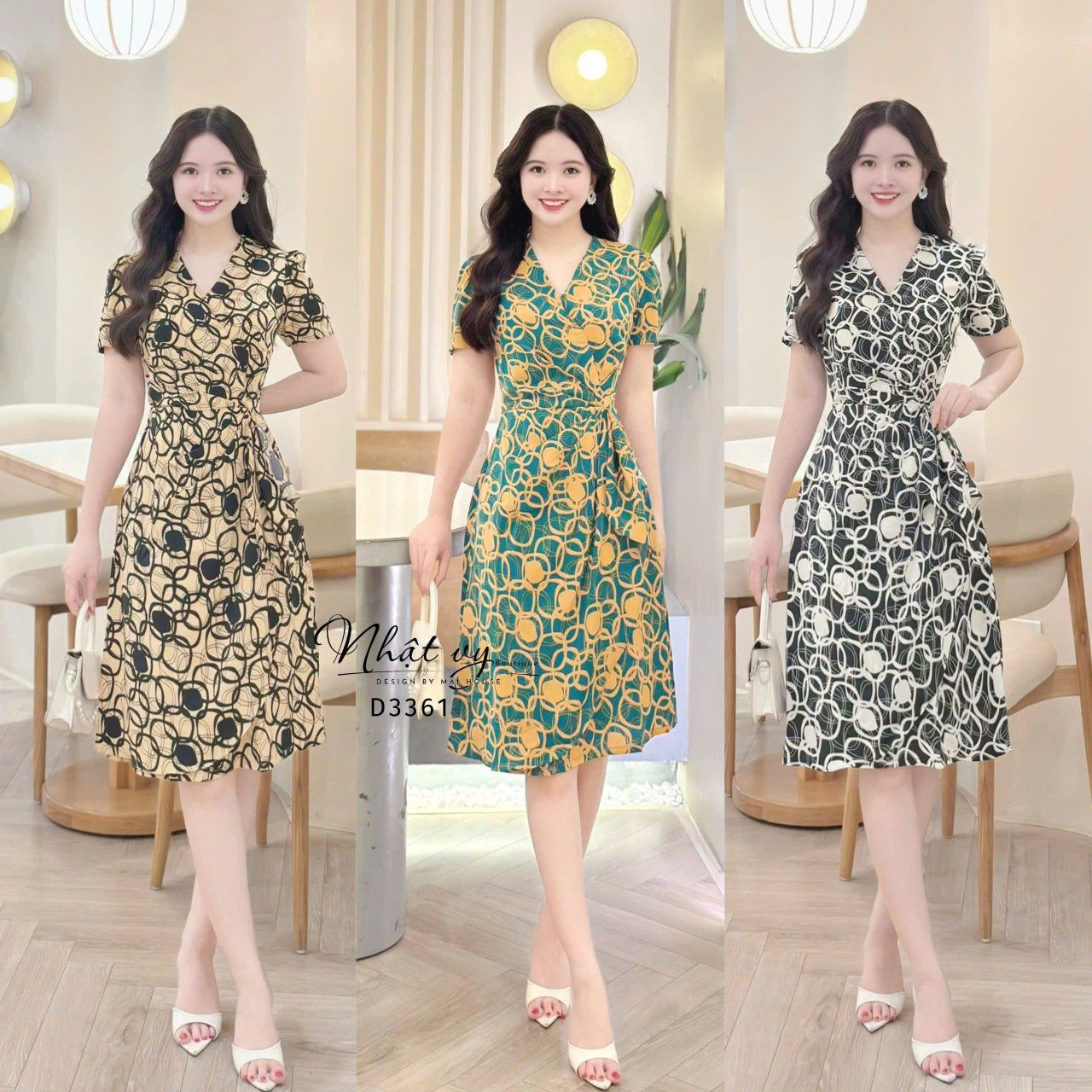 Đầm cổ V họa tiết nhấn eo cách điệu - D3361