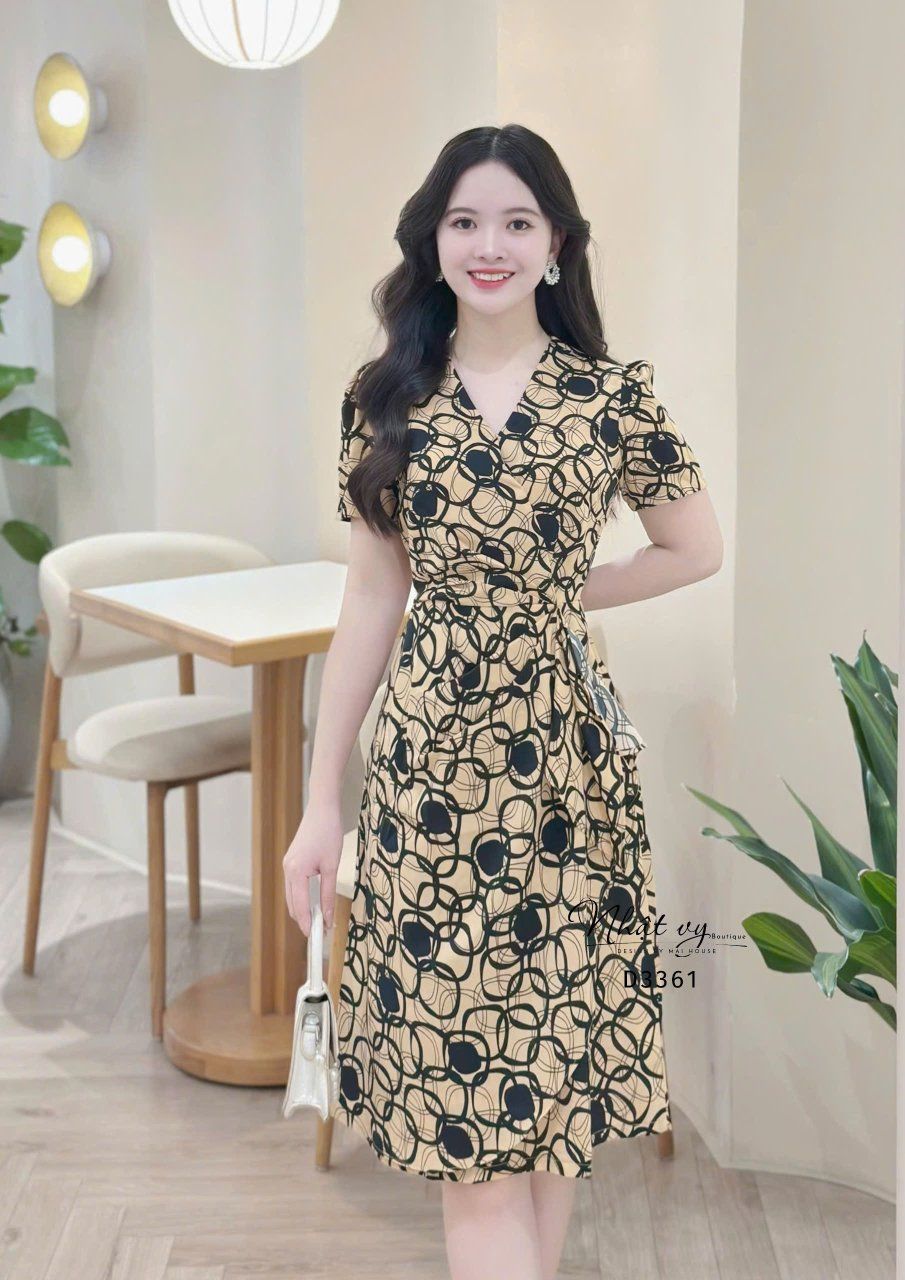 Đầm cổ V họa tiết nhấn eo cách điệu - D3361