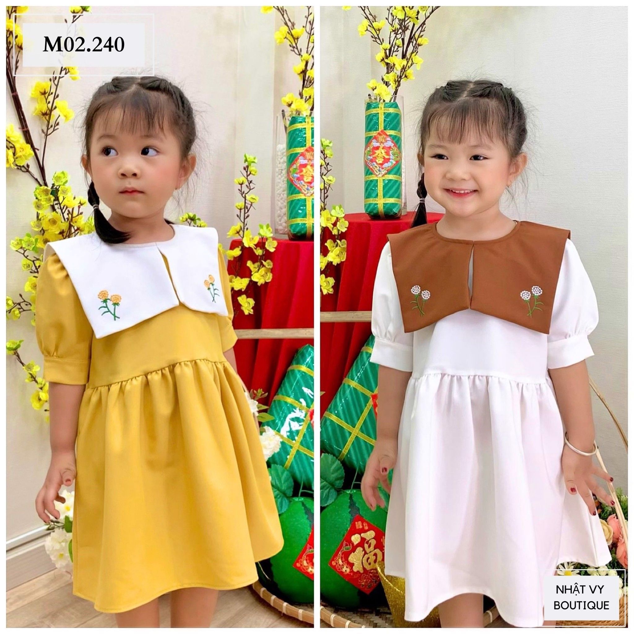 ĐẦM BÉ CỔ VUÔNG THÊU HOA - M02