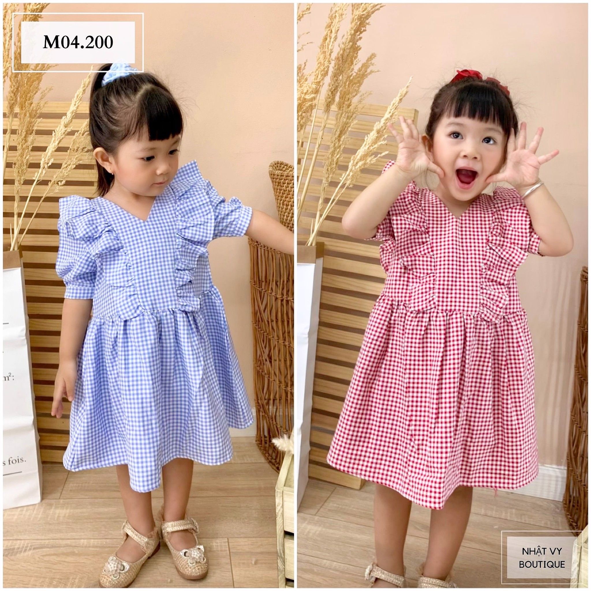 ĐẦM BÉ CARO CỔ V PHỐI BÈO M04