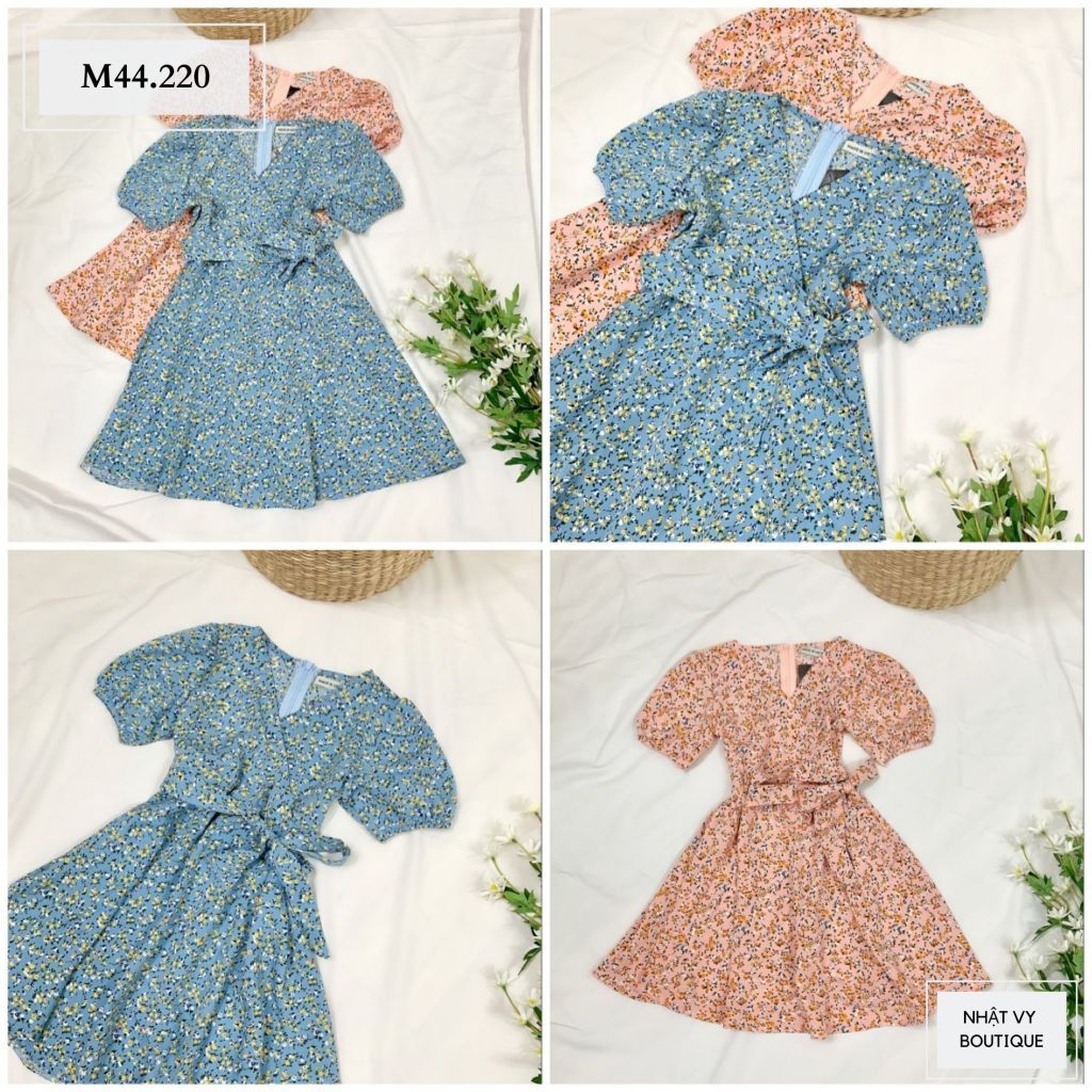 Đầm bé hoa nhí cổ đắp chéo kèo dây - M44