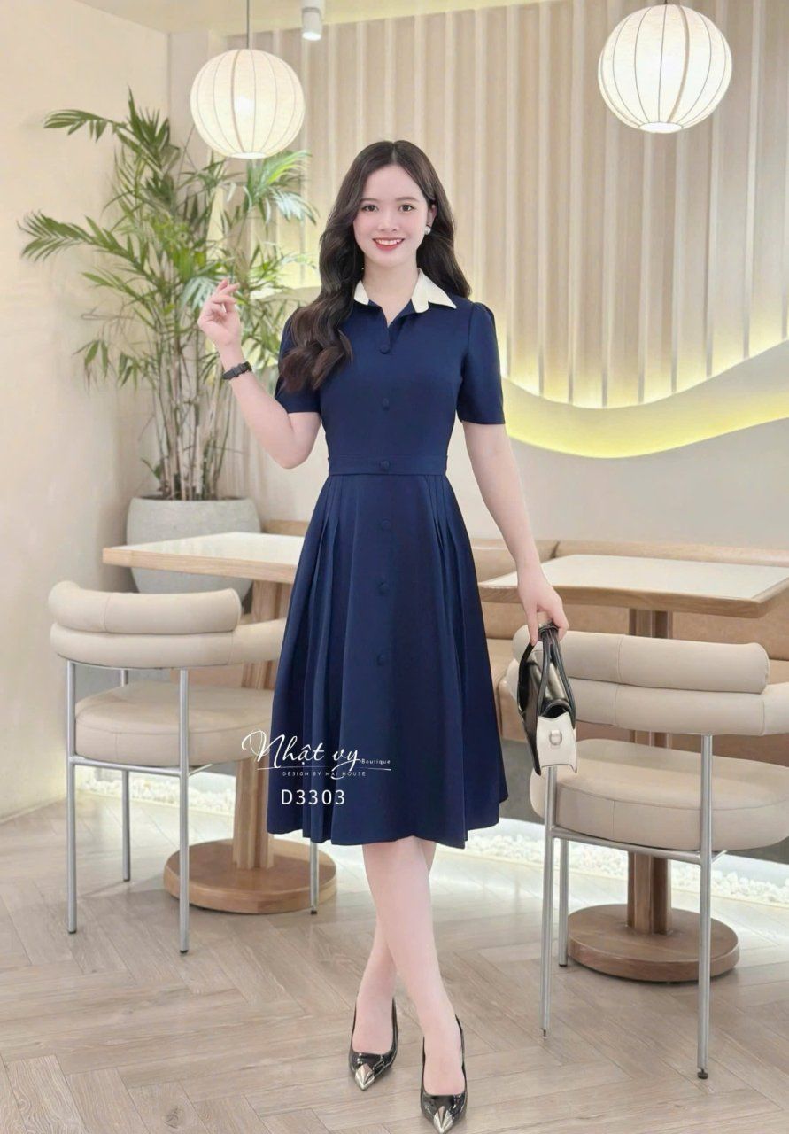 Đầm cổ sơ mi nhún eo cách điệu - D3303