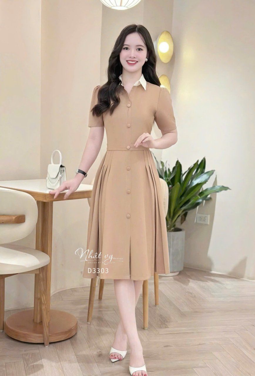 Đầm cổ sơ mi nhún eo cách điệu - D3303