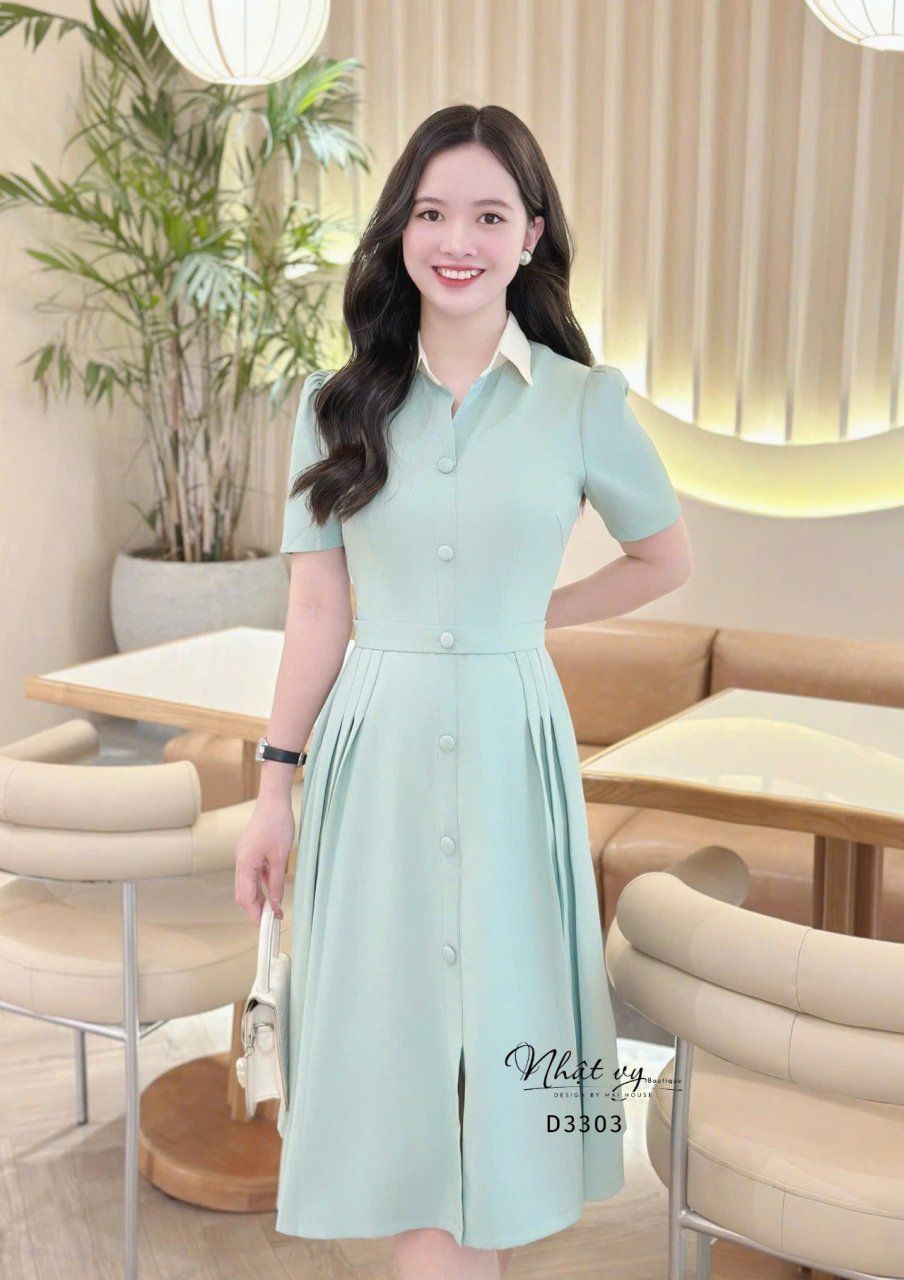Đầm cổ sơ mi nhún eo cách điệu - D3303
