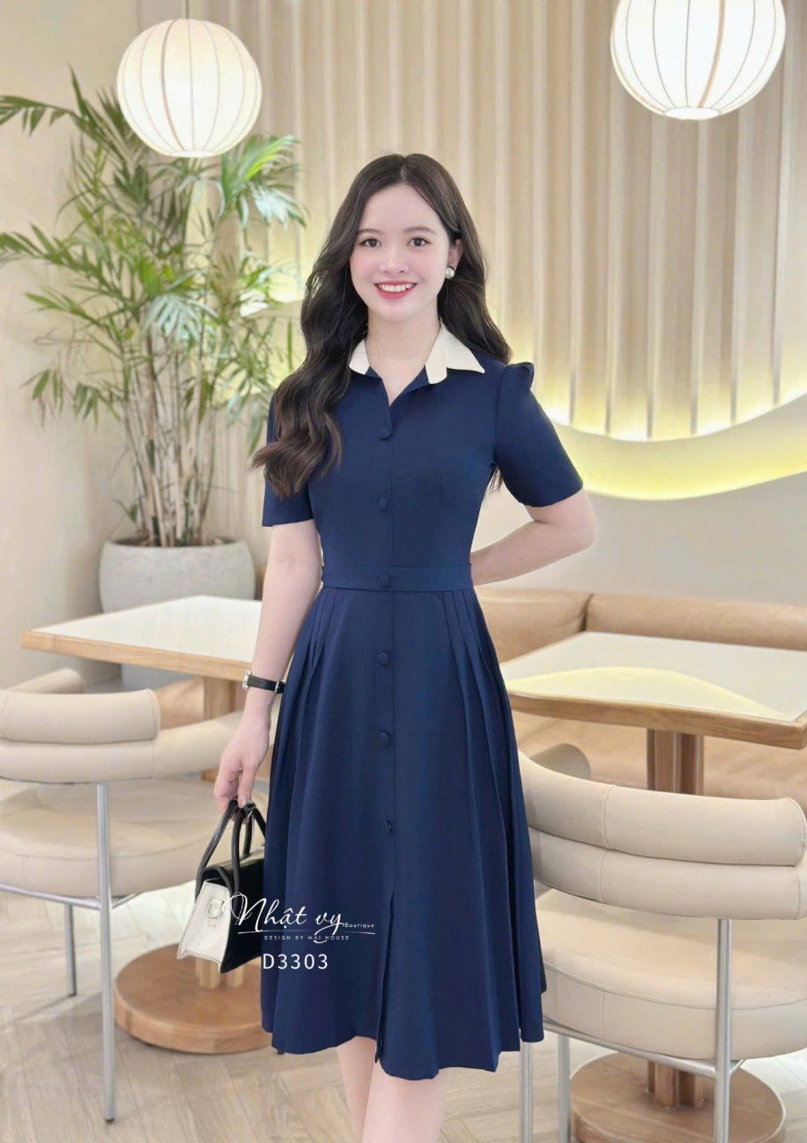 Đầm cổ sơ mi nhún eo cách điệu - D3303