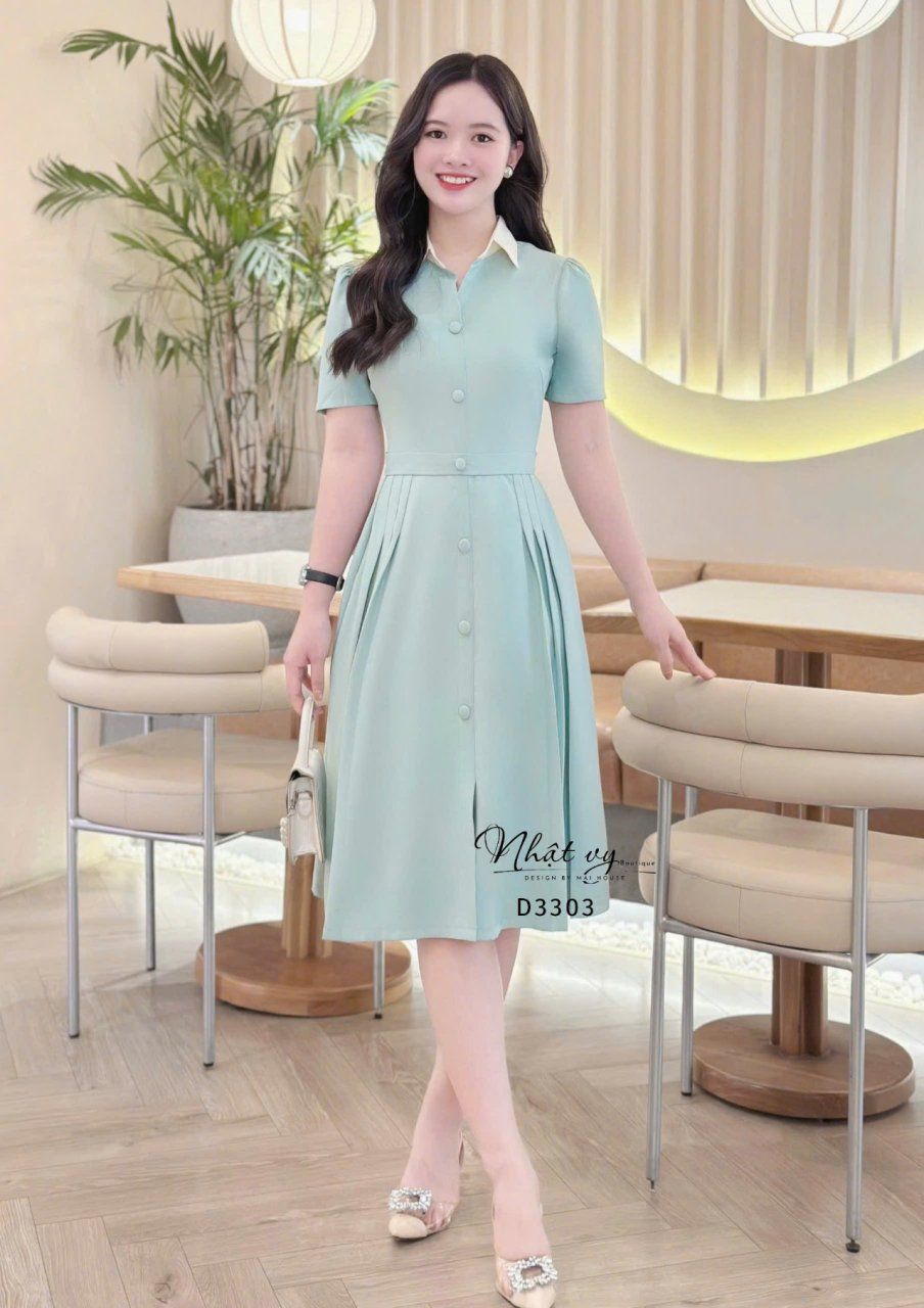 Đầm cổ sơ mi nhún eo cách điệu - D3303