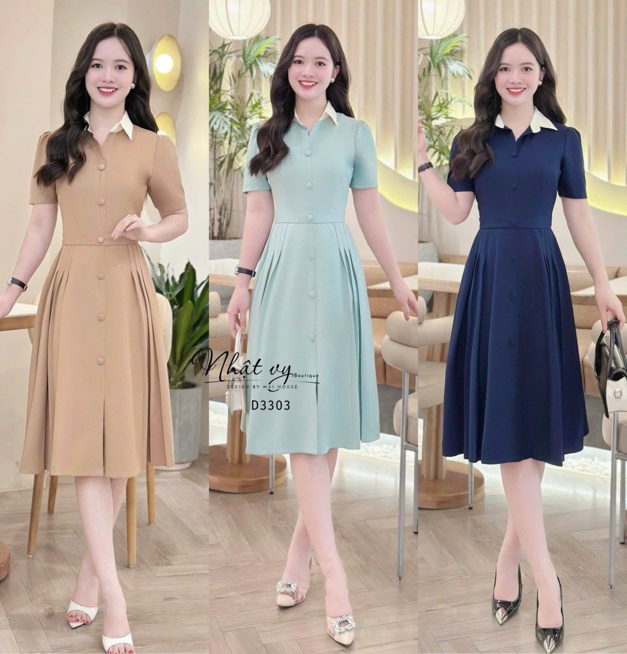 Đầm cổ sơ mi nhún eo cách điệu - D3303