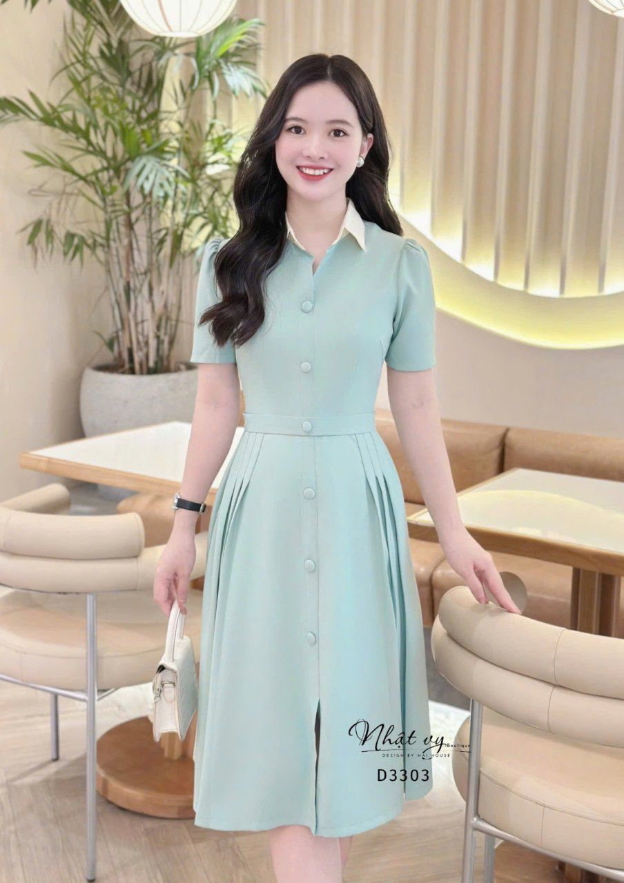 Đầm cổ sơ mi nhún eo cách điệu - D3303