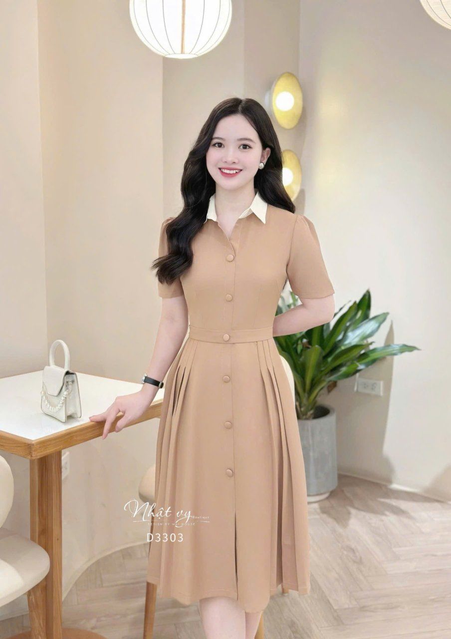 Đầm cổ sơ mi nhún eo cách điệu - D3303